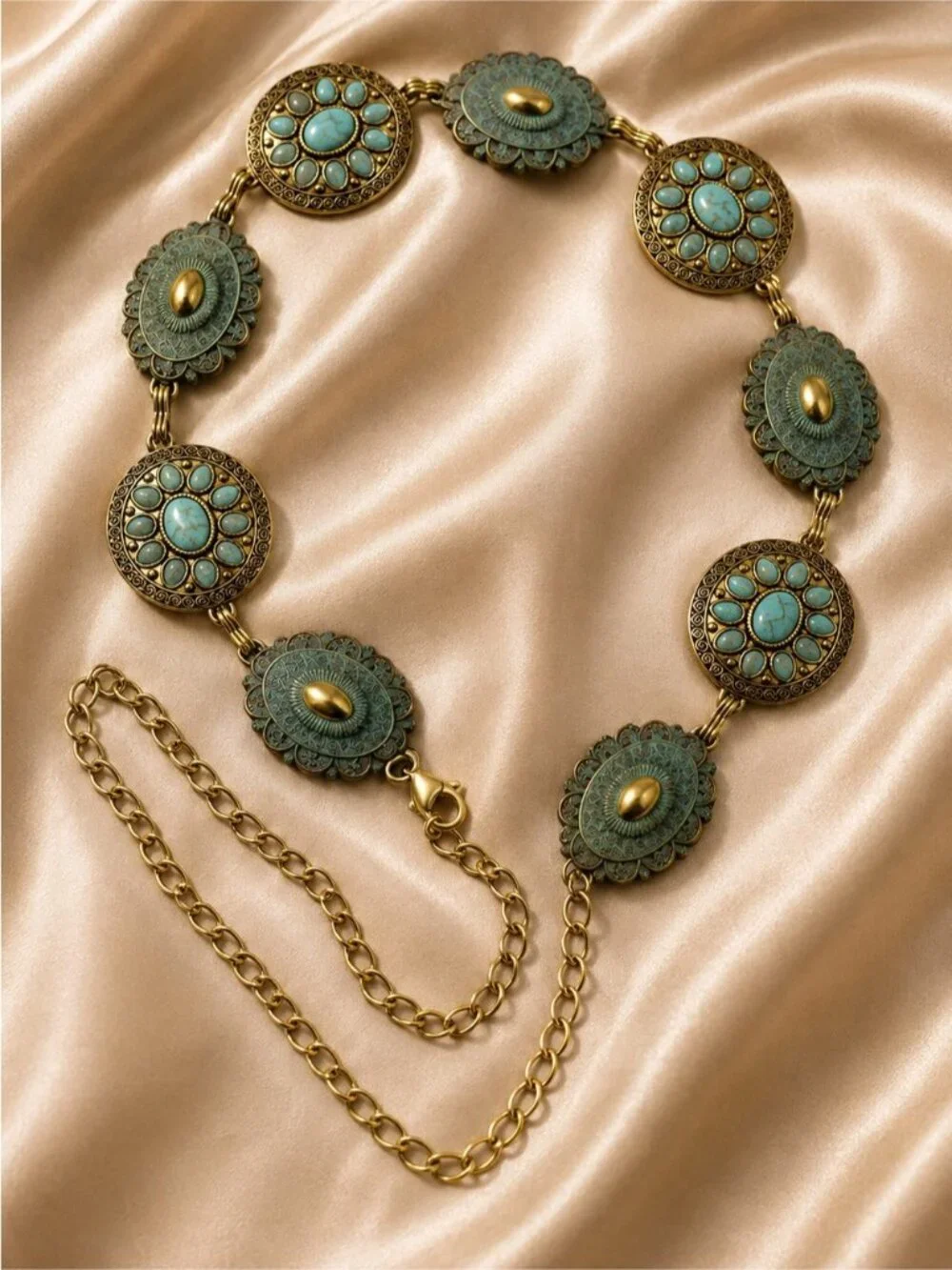 Vintage Turquoise/ blue and Antique Gold Medallion Belt